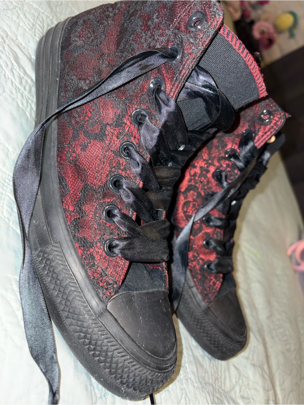 Chuck Taylor All Star High Top Dressed Up Lace Overlay Sneaker Black/Park Red - Picture 3 of 12